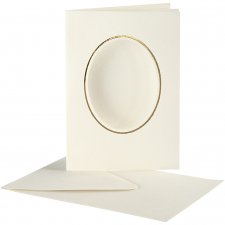 Passepartoutkort med kuvert, råvit, oval med guldkant, kortstl. 10,5x15 cm, kuvertstl. 11,5x16,5 cm, 10 set/ 1 förp.