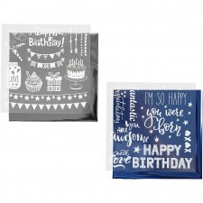 Dekorationsfolie och limark med motiv, mörkblå, silver, födelsedag, 15x15 cm, 2x2 ark/ 1 förp.
