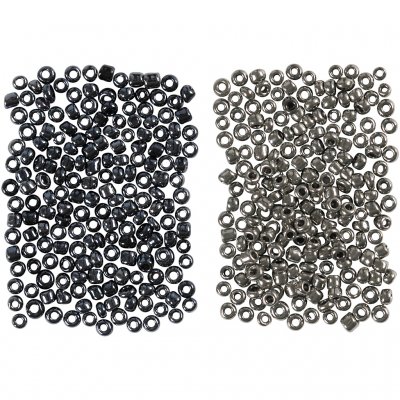 Rocaillepärlor, svart, mörkmetallicgrå, stl. 15/0 , Dia. 1,7 mm, Hålstl. 0,5-0,8 mm, 2x7 g/ 1 förp.